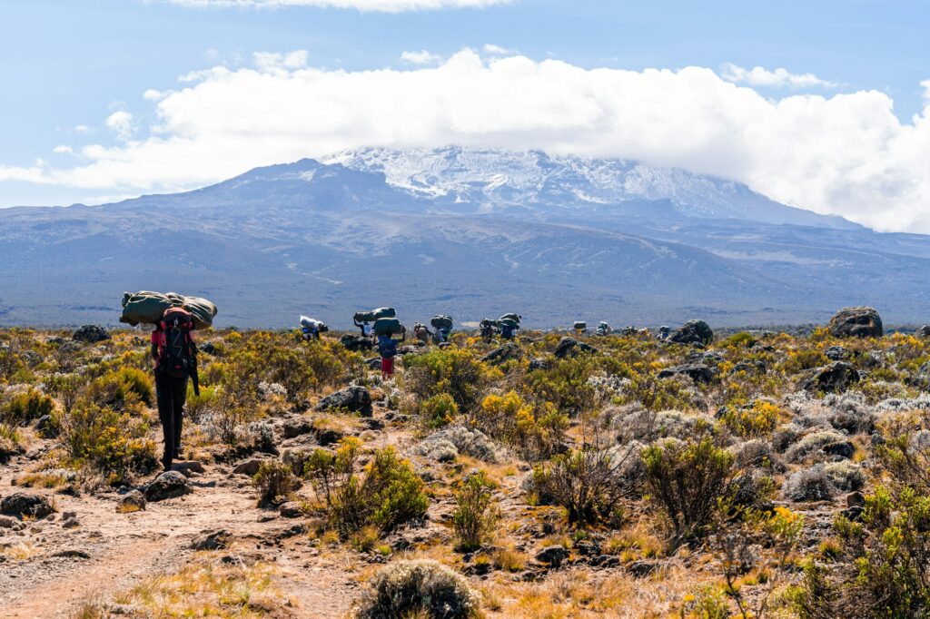 Hikers climbing Mount Kilimanjaro in Tanzania