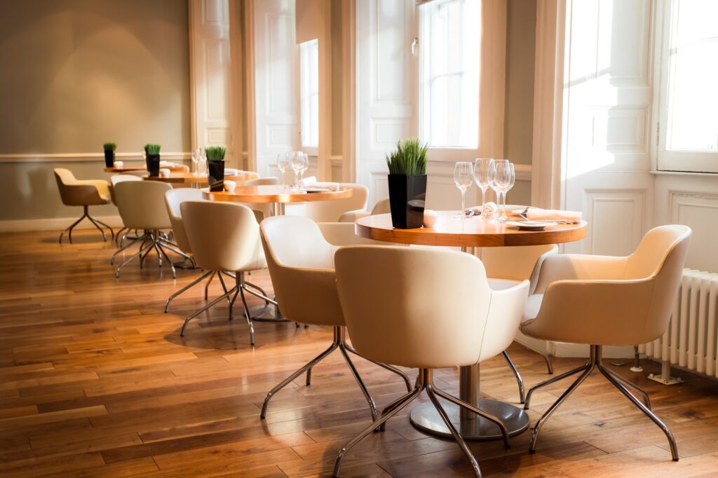 Interior of an exclusive restaurant with light from windows