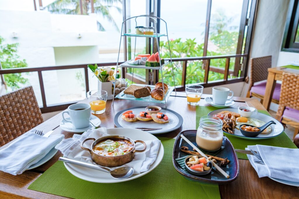 Luxury breakfast in the morning on a table, top view of breakfast in a luxury restaurant